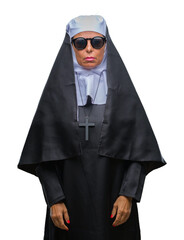 Wall Mural - middle age senior catholic nun woman wearing sunglasses over isolated background with serious expres