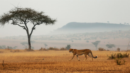 Canvas Print - Cheetah walking across a dry grassy plain with a solitary tree and misty hills in the background.