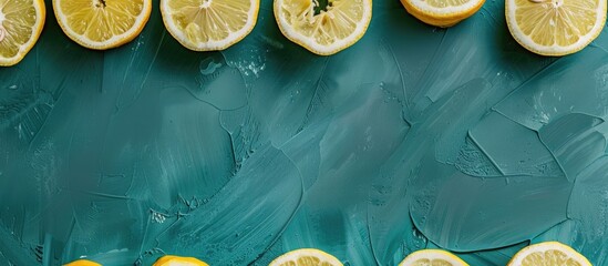 Aufkleber - Top view of fresh ripe lemon slices arranged on a green table in a kitchen setting with a clear area for adding text or images. with copy space image. Place for adding text or design