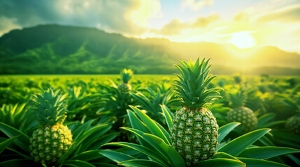 Wall Mural - A tropical pineapple field at sunset with a mountain range in the background and a vibrant sky filled with colorful clouds.