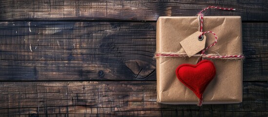 Poster - Vintage gift box with red heart craft paper wrapping tag on old wooden table background in a flat lay top view ideal for a copy space image
