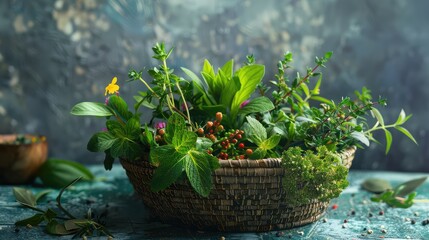 Wall Mural - Fragrant different herbs in a bowl. Selective focus.