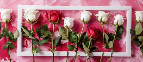 Fototapete - Floral arrangement with white frame red and white roses on a pink backdrop ideal for Valentine s or Women s Day featuring a flat lay design with a copy space image