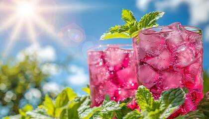 Two Glasses of Refreshing Pink Lemonade with Ice, Mint, and a Sunny Summer Background