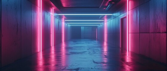 Wall Mural - Empty corridor glowing with blue and pink neon lights reflecting on a wet concrete floor