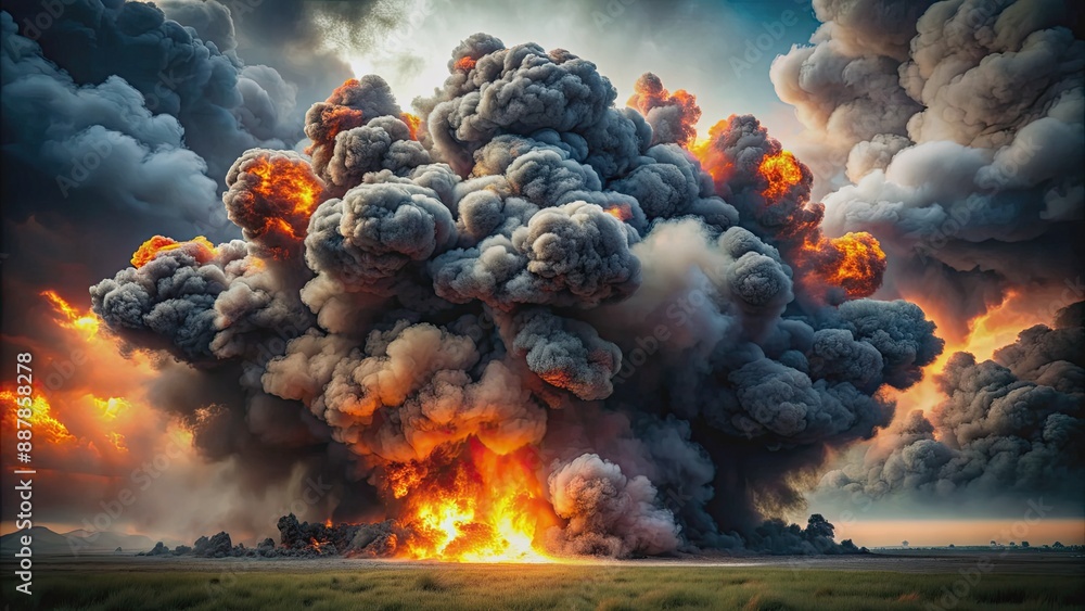 Dramatic high-contrast image of a massive bomb explosion with thick ...