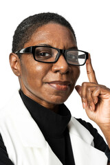 African American woman png mockup in beige suit portrait touching a glasses