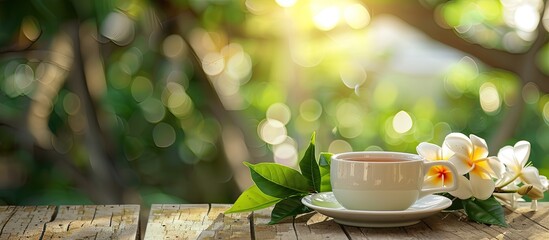 Aufkleber - Outdoor wooden table with fresh flowers and a cup of jasmine tea displayed perfect for adding text in the copy space image