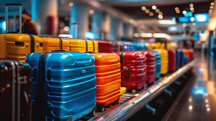 Sticker - Colorful suitcases on a baggage carousel at an airport with a blurred background.