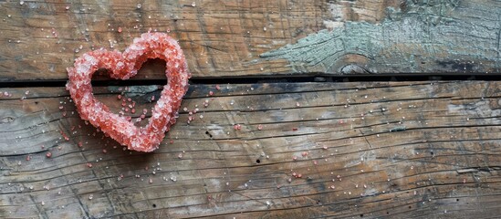 Poster - Heart shaped sugar decoration displayed on a weathered wooden surface with copy space image
