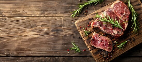 Fototapete - Entrecote meat with rosemary and pepper on a cutting board set against a wooden backdrop creating a rustic copy space image
