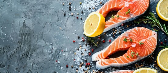 Leinwandbilder - Close up view of salmon steaks with lemon and spices with copy space image included