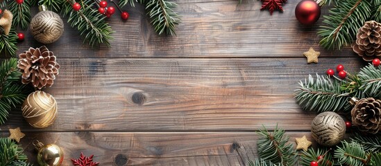 Aufkleber - Festive Christmas tree decor on a wooden surface with empty space for text or images. with copy space image. Place for adding text or design