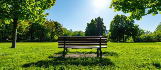 Wall Mural - A scenic park bench set on lush green grass under clear skies with a copy space image