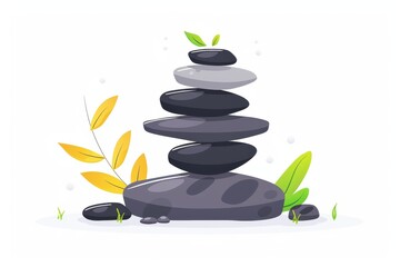 Poster - Balanced stack of zen stones with yellow leaves, symbolizing harmony, stability, and mindfulness in a serene, nature-inspired illustration.