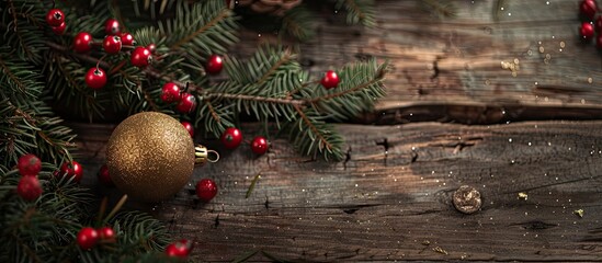 Poster - Decorative Christmas themed composition featuring pine tree frame red berries and a golden ornament on a wooden backdrop suitable for text and invitation cards with copy space image