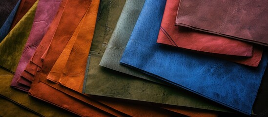 Sticker - Close up multicolored sheets of paper against a dark leather backdrop providing ample copy space image