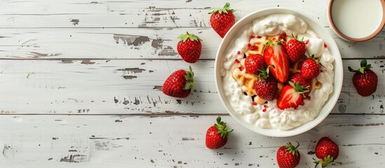 Fototapete - Top view of a set breakfast with fresh strawberries on a white wooden backdrop including tasty rice vegan waffles yogurt and milk around a copy space image