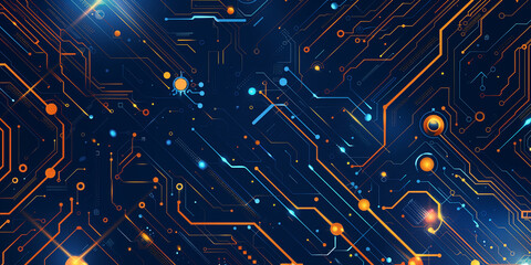 Printed circuit board electronic or electrical line on blue background, engineering technology concept, vector panorama
