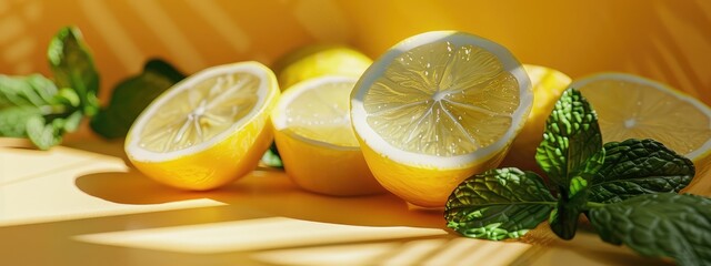 Wall Mural - Lemons and mint on the table. Selective focus.