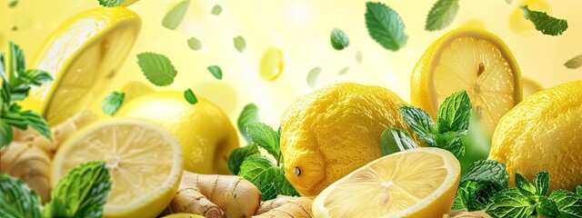 Wall Mural - Lemons and mint on the table. Selective focus.