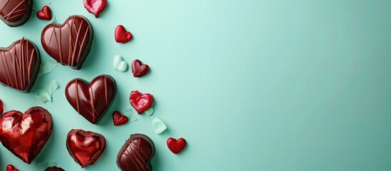 Poster - Valentine s themed red and chocolate brown decorations against a minty backdrop create a charming border with ample copy space image