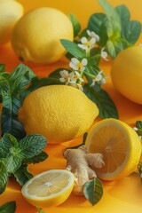 Wall Mural - Lemons and mint on the table. Selective focus.