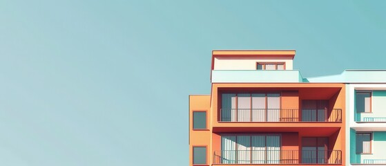 Sticker - A tall building with a balcony and a blue sky in the background