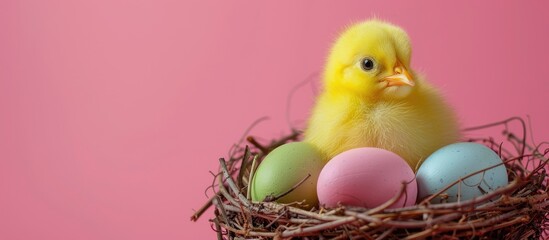 Aufkleber - Yellow chick with Easter eggs in nest on pink backdrop with room for copy space image