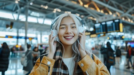 Poster - portrait of a Happy asian young woman with white hair listens to music with headphones at a busy airport 