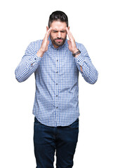 Canvas Print - Young handsome man over isolated background with hand on head for pain in head because stress. Suffering migraine.