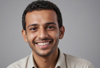 Portrait view of a regular happy smiling Yemen man, ultra realistic, candid, social media, avatar image, plain solid background