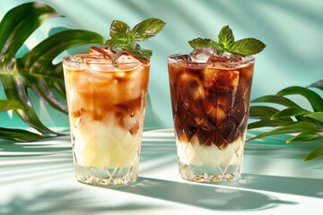 Two Refreshing Iced Coffee Drinks with Coconut Milk and Mint on a Tropical Background.