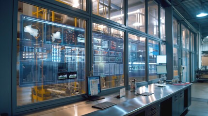 Poster - High-tech control room with multiple digital screens displaying data visuals and charts in an industrial environment.