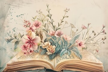 Wall Mural - Vintage Open Book with Pastel Flowers, pastel colors flowers, poetic image, watercolor illustration.