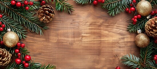 Poster - Decorative Christmas themed composition featuring pine tree frame red berries and a golden ornament on a wooden backdrop suitable for text and invitation cards with copy space image