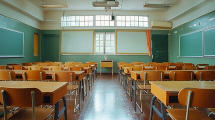 Sticker - Empty Classroom with Desks and Chalkboards