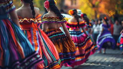 Colorful skirts fly during traditional Mexican dancing. Generative AI