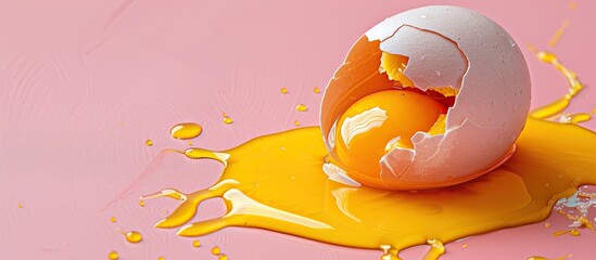 Poster - Close up cracked egg on a pink backdrop with copy space image Ideal for Easter showing a smashed egg