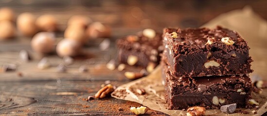 Poster - Indulge in a decadent chocolate brownie with a sprinkling of nuts Enjoy this delightful chocolate treat with your tea or coffee made from a blend of sugar flour chocolate and eggs with a copy space im