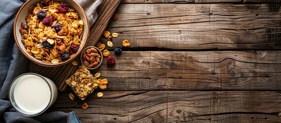 Poster - On a wooden surface there is a spread with a bowl of cornflakes dried berries granola bar and a glass of milk on a towel with empty space in the image. with copy space image