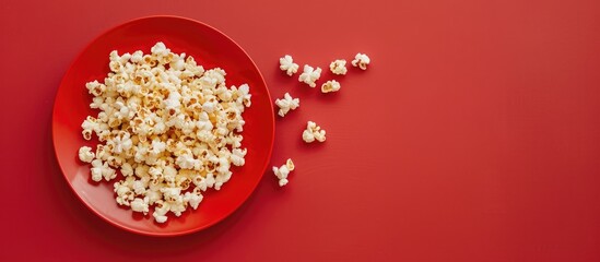 Poster - Close up photo of a plate with popcorn on a red background providing copy space image