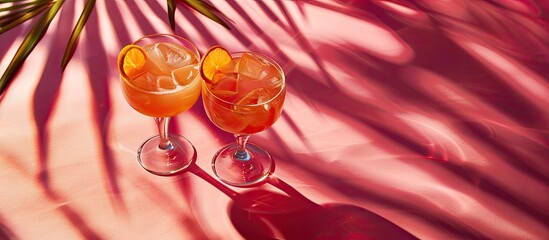 Poster - Two cocktail drinks on a pink background with light and shadows provide a spirit drinks and cocktails concept for the copy space image