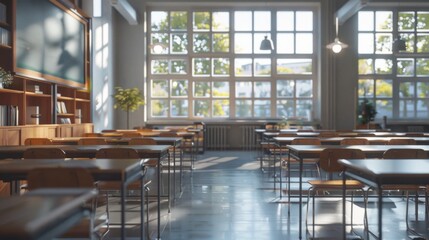 Wall Mural - Empty Classroom with Sunlight Streaming Through Windows