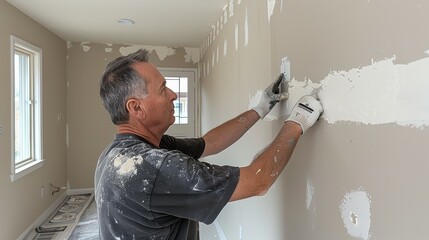 A homeowner inspecting the results of a drywall repair noting the even surface and clean finish