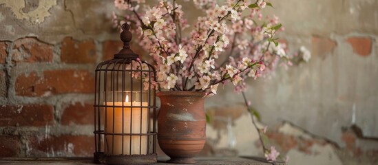 Aufkleber - Selective focus on floral still life with cherry blossoms in a vase and a candle inside a decorative bird cage set against a rustic brick wall creating a beautiful copy space image