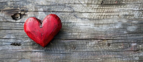Poster - Celebrate love on Valentine s Day with a close up shot of a red heart on a wooden background offering ample copy space image
