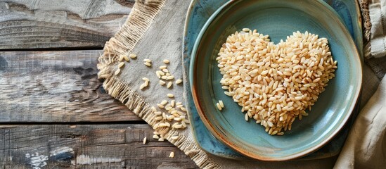 Wall Mural - Heart shaped brown rice on a square ceramic plate against a wooden plank backdrop with copy space image