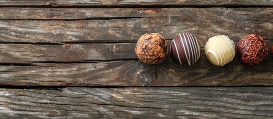 Fototapete - Chocolate truffles displayed on a rustic wooden surface with a blank space for adding images. with copy space image. Place for adding text or design