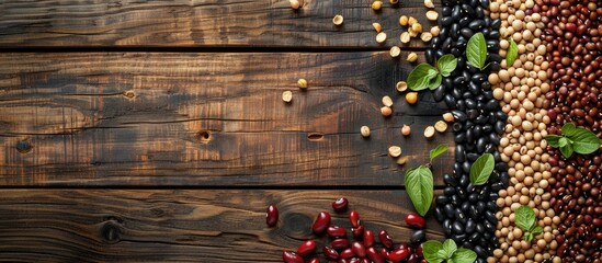 Poster - Flatlay of various beans like red soy black and mung beans on a wooden background with ample copy space image